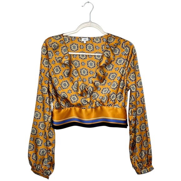 River Island Mustard Baroque Print‎ Satin Crop Top Ruffle Neckline  US 8 / UK 12 - Picture 2 of 11